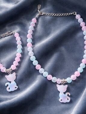 Cute Cat Pendant Beaded Necklace and Bracelet Set - Pastel Pink & Blue